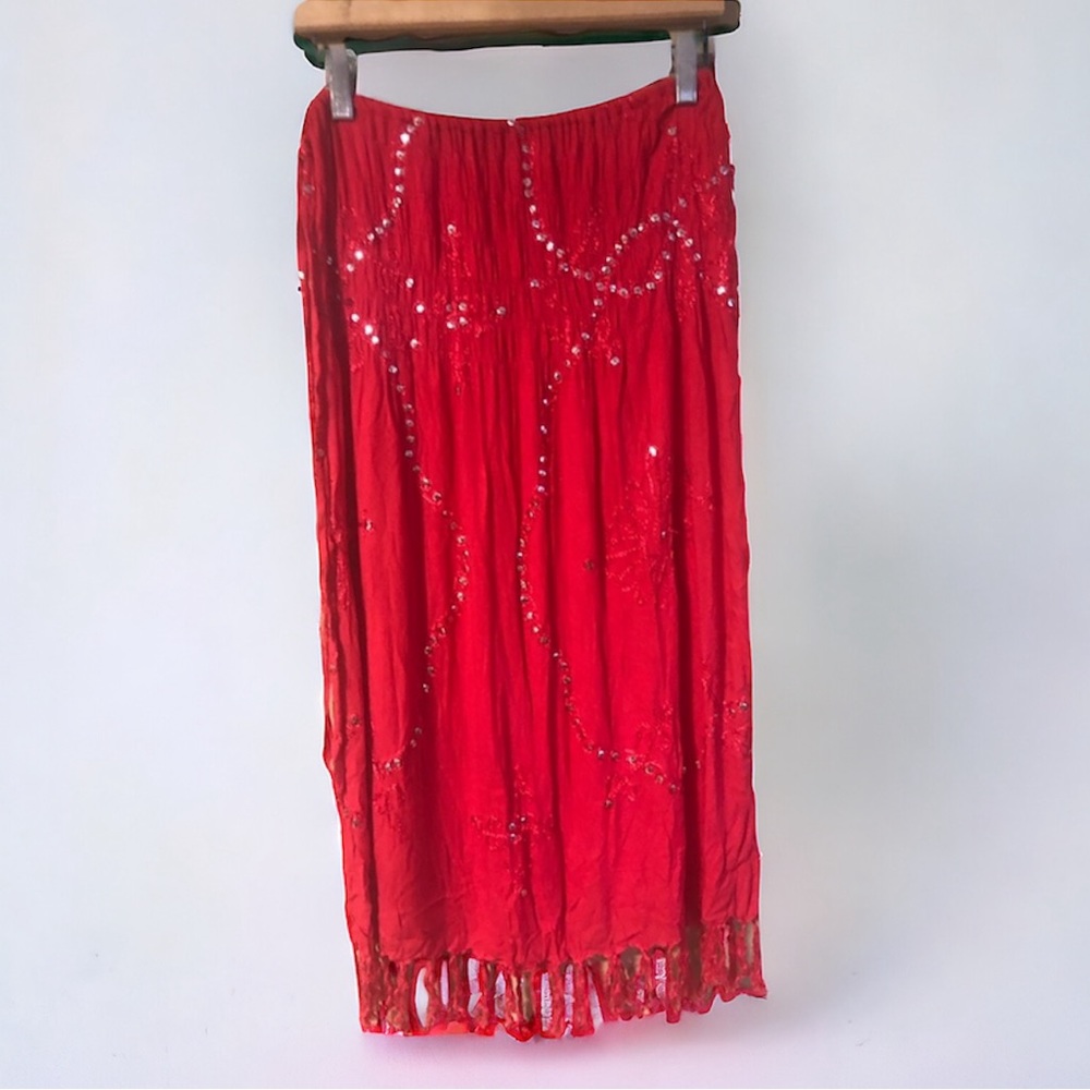 Red & Silver Sequence Lightweight Beach Vacation Dress Skirt Medium